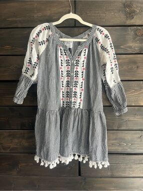 Girls Black & White Gingham Embroidered Dress with Tassel Hem